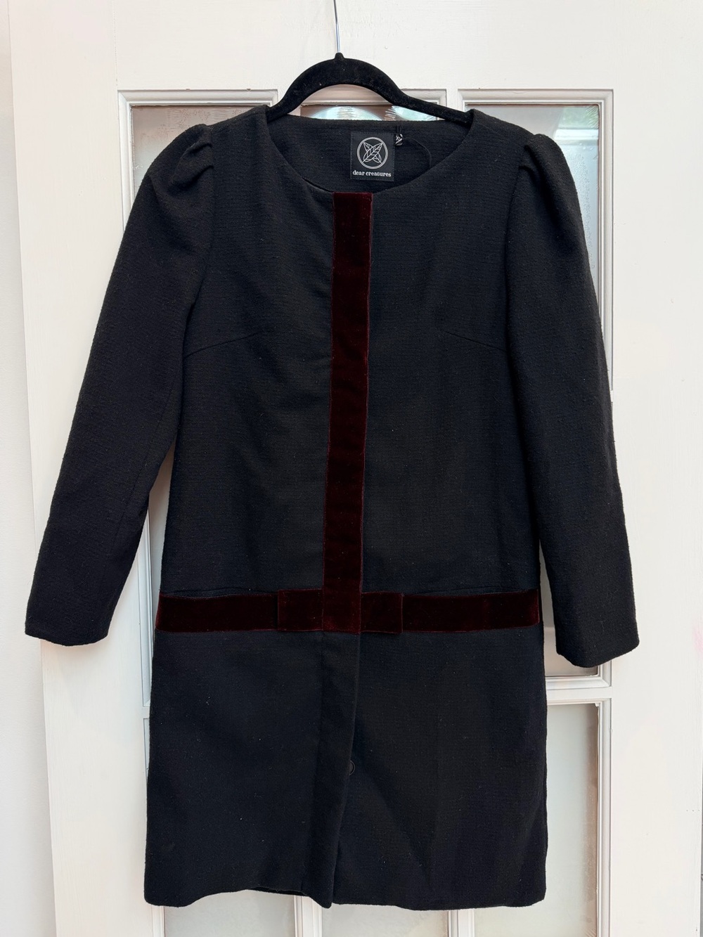 dear creatures Black Wool Coat Gothic Chic Burgundy Velvet Trim Size XS